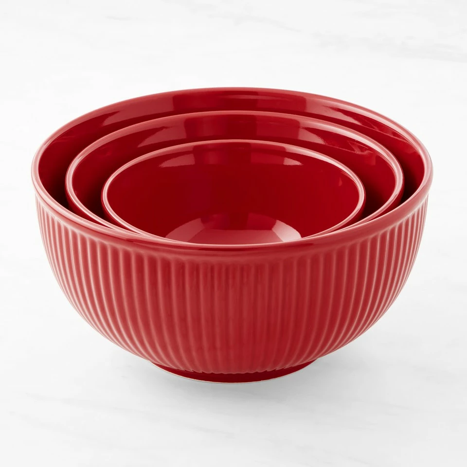 Ribbed Ceramic Mixing Bowls, Set of 3 - Red - Image 2