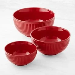 Ribbed Ceramic Mixing Bowls, Set of 3 - Red