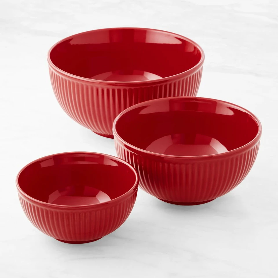 Ribbed Ceramic Mixing Bowls, Set of 3 - Red